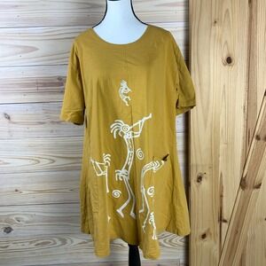 Magic T-Shirt Dress Womens L Yellow Kokopelli Graphic Cotton Pocket Nepal Boho